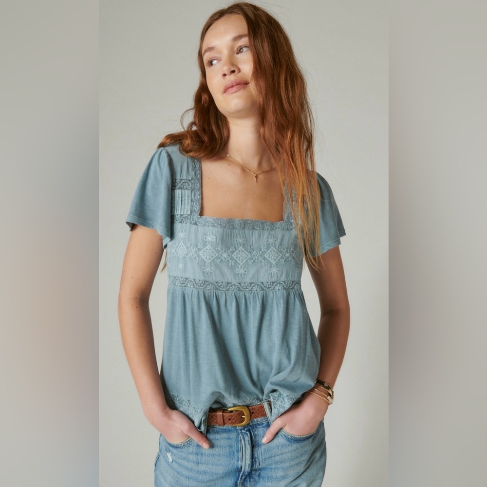 Lucky brand embroidered square neck tee